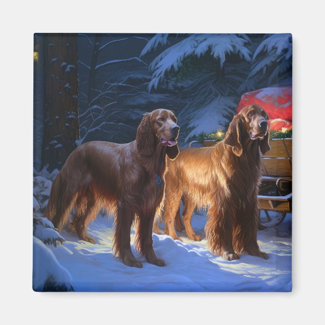 Irish Red Setter Snowy Sleigh juldeeller Magnet (Framsidan)