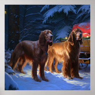 Irish Red Setter Snowy Sleigh juldeeller Poster