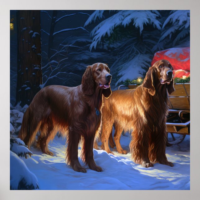Irish Red Setter Snowy Sleigh juldeeller Poster (Framsidan)