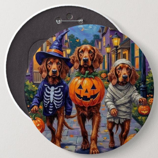 Irish Red Setter Trick-or-Treating Halloween Knapp (Framsida & baksida)