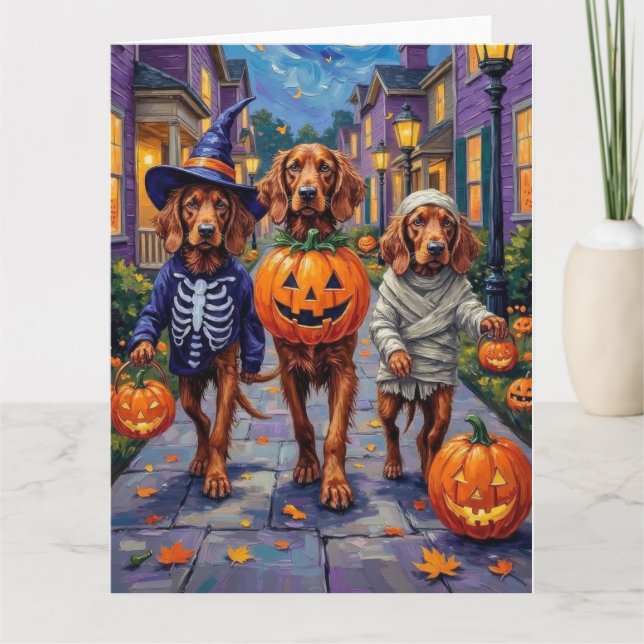 Irish Red Setter Trick-or-Treating Halloween Kort (Framsida)