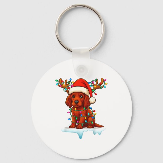 Irish Setter Christmas Santa Hat Reindeer Lights P Nyckelring (Framsida)
