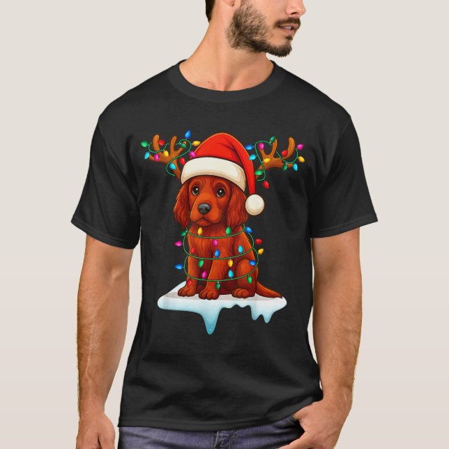 Irish Setter Christmas Santa Hat Reindeer Lights P T Shirt (Framsida)
