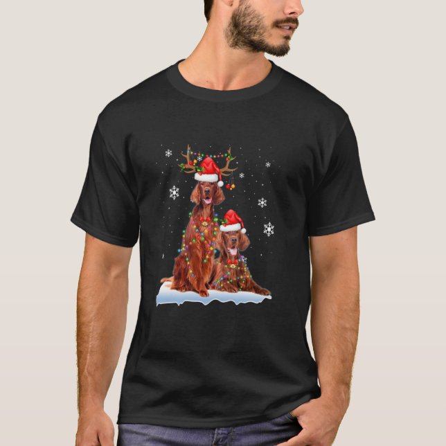 Irish Setter Christmas Tree Lights Reindeer Santa  T Shirt (Framsida)
