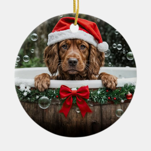 Irish Setter Cute Christmas Holiday Bubble Bath Julgransprydnad Keramik (Framsidan)