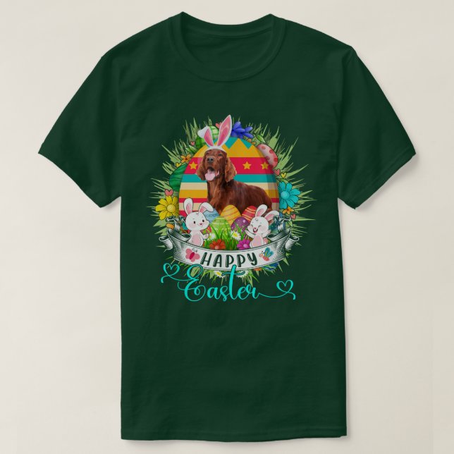 Irish Setter Hund in Påskägg Basket Bunnies Hap T Shirt (Design framsida)