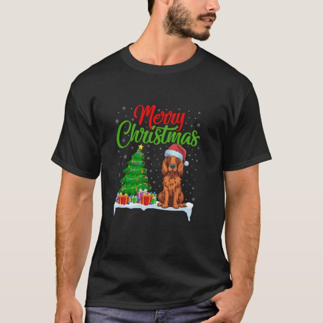 Irish Setter Hund Julgran Ljus Funny Julafton T Shirt (Framsida)