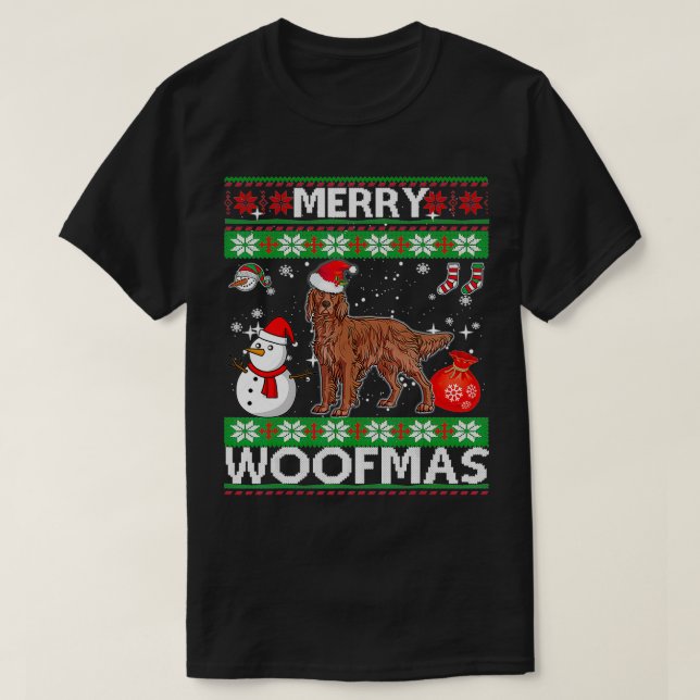 Irish Setter Hund Merry Woofmas juldräkt T Shirt (Design framsida)