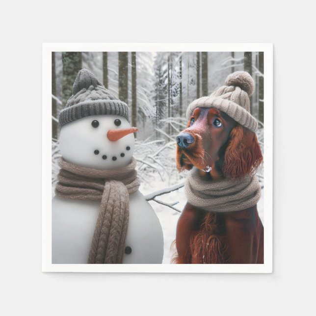 Irish Setter Hund With a Snögubbe Pappersservett (Framsidan)