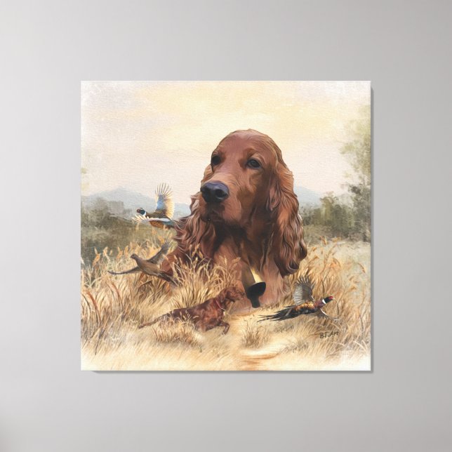 Irish Setter Hunting Pheasant ,Art Canvastryck (Framsida)