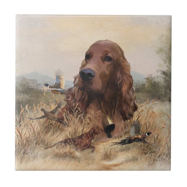 Irish Setter Hunting Pheasant ,Art Kakelplatta (Framsidan)