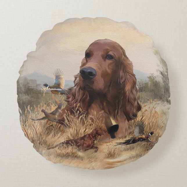 Irish Setter Hunting Pheasant ,Art Rund Kudde (Framsidan)