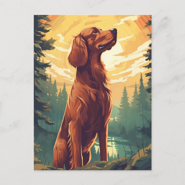 Irish Setter in Forest under sunset Vykort (Framsida)