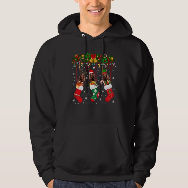 Irish Setter in Sock Julafton Reindeer Santa Elf H Hoodie (Framsida)