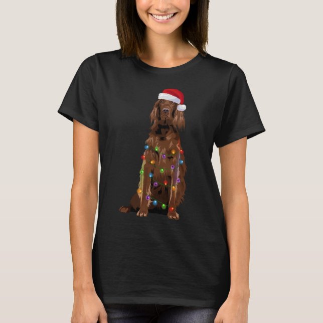 Irish Setter Jul Ljus Julafton Hund älskare Santa T Shirt (Framsida)