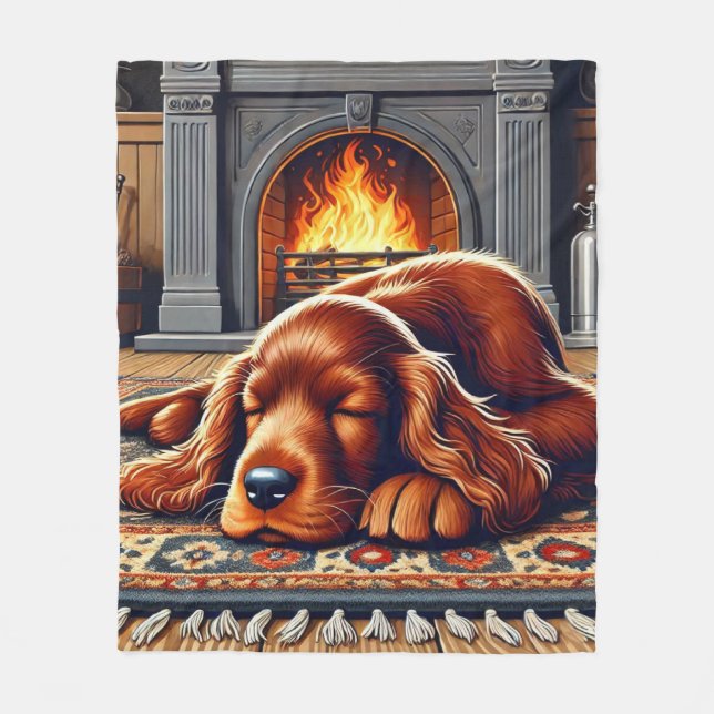 Irish Setter Puppy Spipy Sleeping by a Warm Firepl Fleecefilt (Framsidan)