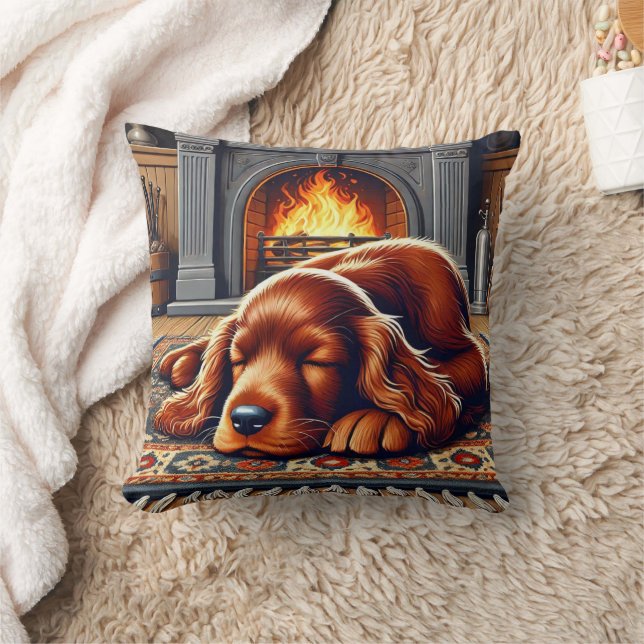 Irish Setter Puppy Spipy Sleeping by a Warm Firepl Kudde (Filt)