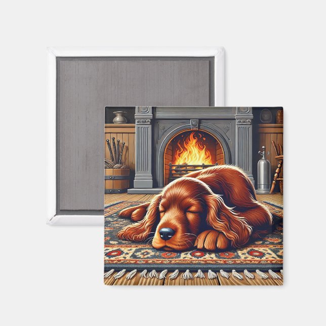 Irish Setter Puppy Spipy Sleeping by a Warm Firepl Magnet (Front/Back)