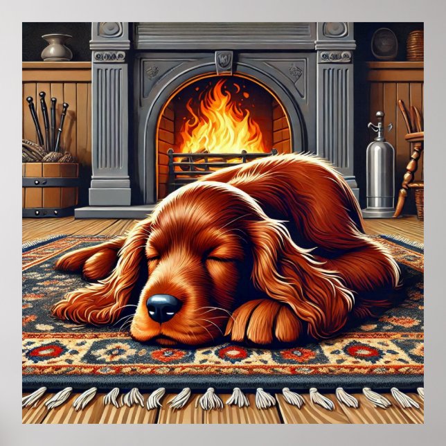 Irish Setter Puppy Spipy Sleeping by a Warm Firepl Poster (Framsidan)