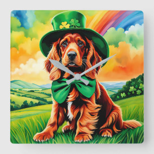 Irish Setter Puppy-St patricks day Fyrkantig Klocka