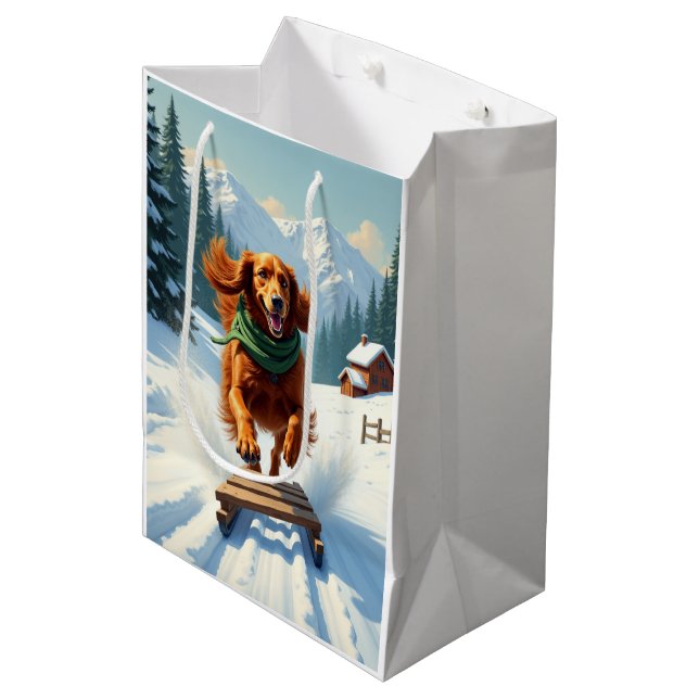 Irish Setter Sledding Adventure Christmas Painting (Framsidan Vinklad)