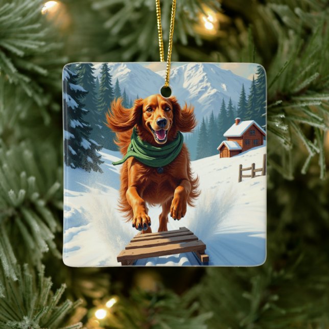 Irish Setter Sledding Adventure Christmas Painting Julgransprydnad Keramik (Träd)