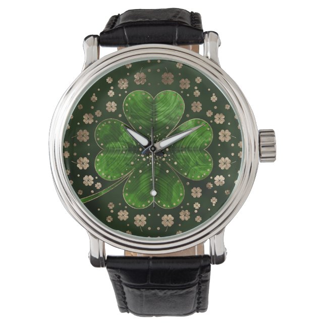 Irish Shamrock Four-löv klöver Malachite och guld Armbandsur (Framsida)