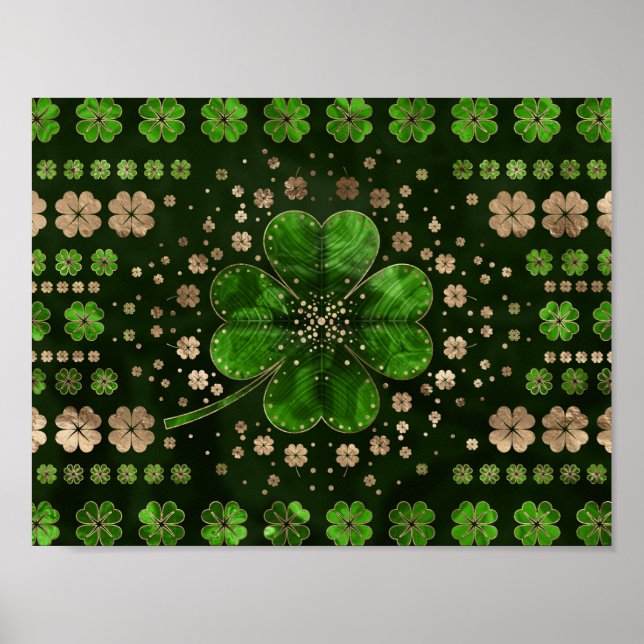 Irish Shamrock Four-löv klöver Malachite och guld Poster (Framsidan)