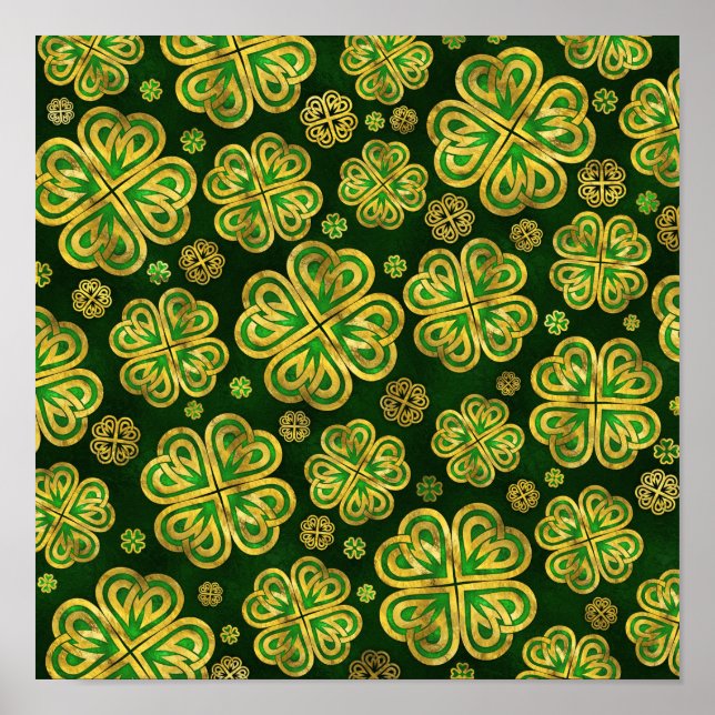 Irish Shamrock Four-löv Lucky Klöver Mönster Poster (Framsidan)