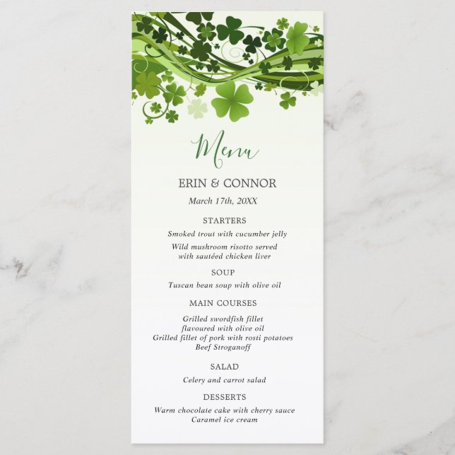 Irish Shamrock (Klöver) Bröllop Menu Meny (Framsida)