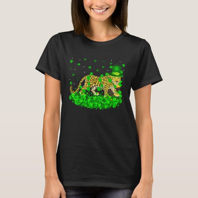 Irish Shamrock Leprechaun Leopard St Patrick's Day T Shirt (Framsida)