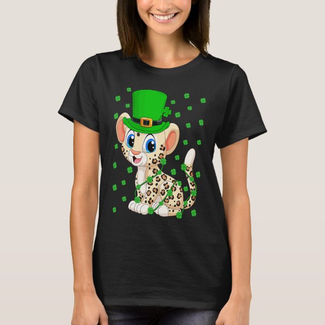 Irish Shamrock Leprechaun Leopard St Patrick's Day T Shirt (Framsida)