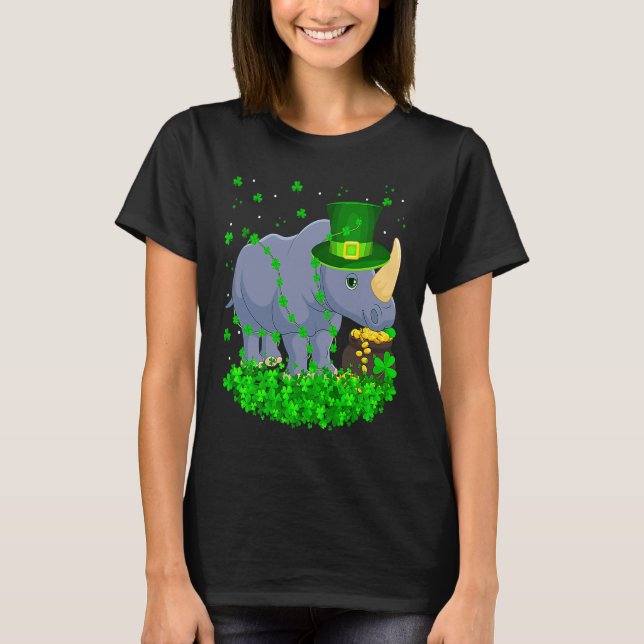Irish Shamrock Leprechaun Rhino St Patrick's Day T Shirt (Framsida)