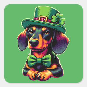 Irish Shamrock Lucky Dachshund Hund Patricks Day Fyrkantigt Klistermärke