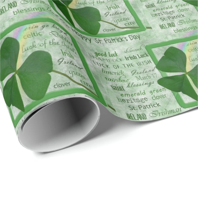 Irish Shamrock med Rainbow Ord Cloud Presentpapper (Rullad Hörn)