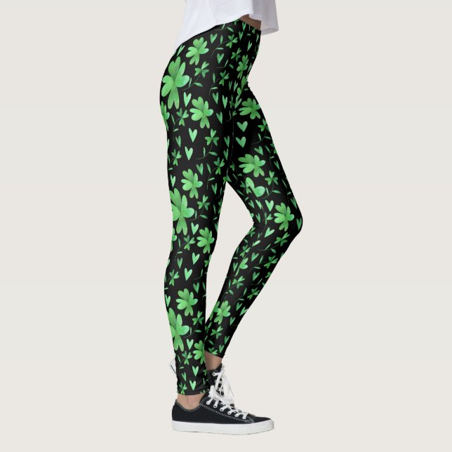 Irish Shamrock Mönster | Grönt och svart Leggings (Höger)