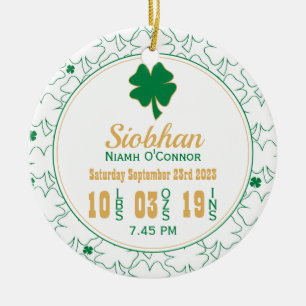 Irish Shamrock Nyfödd bebis Birth Stats Julgransprydnad Keramik