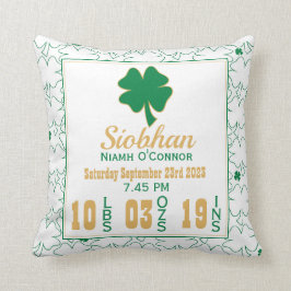 Irish Shamrock Nyfödd bebis Birth Stats Kudde