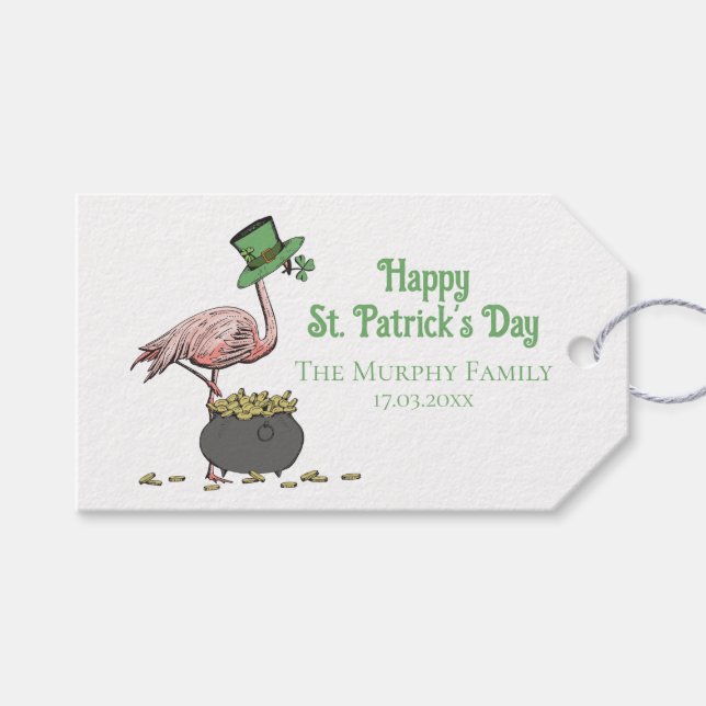 Irish Shamrock Pink Flamingo St Patricks Day Presentetikett (Framsidan (Horisontell))