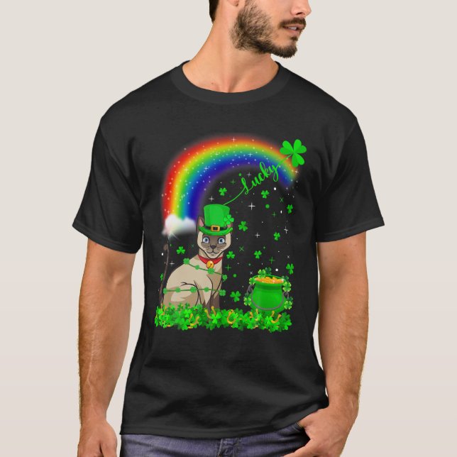 Irish Shamrock Rainbow Lucky Siamese Cat St Patric T Shirt (Framsida)