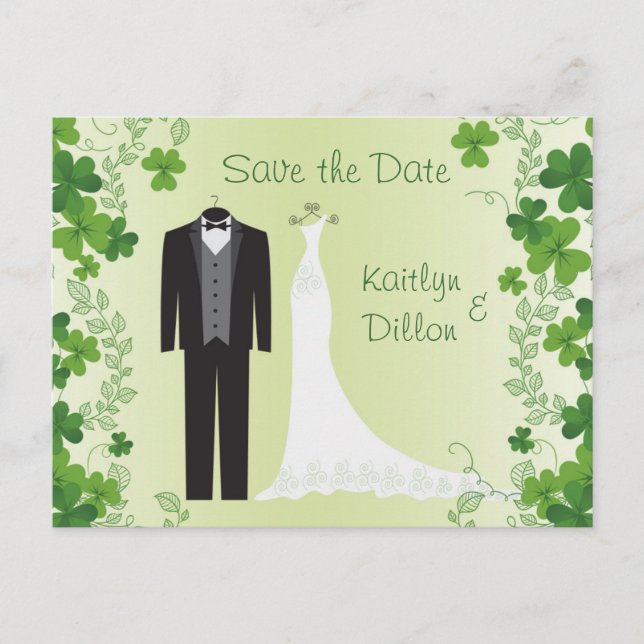 Irish Shamrock, tuxedo, bröllop gown Save the Date Meddelande Vykort (Framsida)