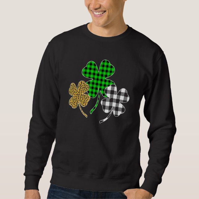 Irish Shamrocks Leopard Buffalo Plaid St Patrick's Lång Ärmad Tröja (Framsida)