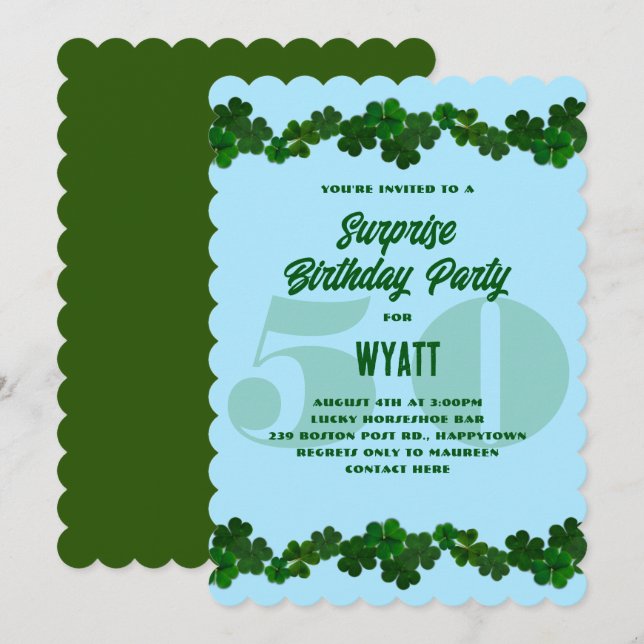 Irish Shamrocks March Surpirse Födelsedagsfest Inv Inbjudningar (Fram/baksida)