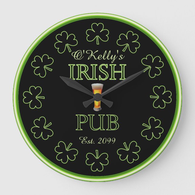 Irish Shamrocks Pub Pub Tavern Clock Stor Klocka (Framsida)