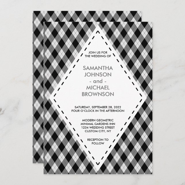Irish Tartan Diamond Black Grey Wedding Inbjudningar (Fram/baksida)