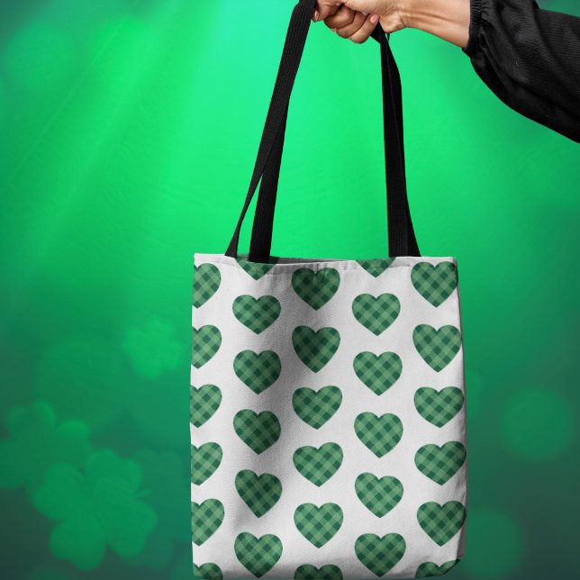 Irish-Thmet med Grönt Tartan Heart Mönster Tygkasse (Irish-Themed with Green Tartan Heart Pattern Tote Bag)