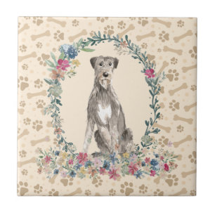 Irish Varg Hound Hund Paw Print Blommigt Cute Beig Kakelplatta