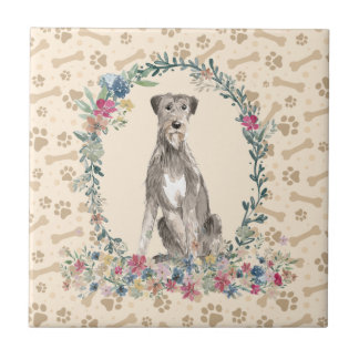 Irish Varg Hound Hund Paw Print Blommigt Cute Beig Kakelplatta