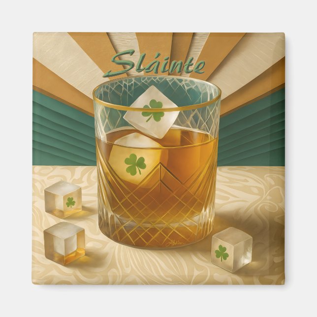 Irish Whiskey Tumbler Shamrock Ice "Sláinte!" Magnet (Framsidan)