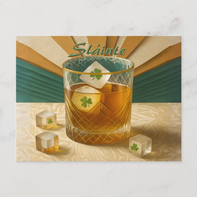Irish Whiskey Tumbler Shamrock Ice "Sláinte!" Vykort (Framsida)